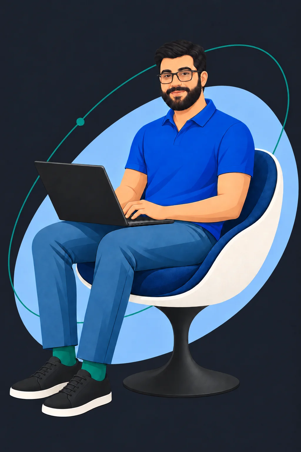 Illustration of Michael Zarour in a blue polo, working on a laptop in a sculptural chair