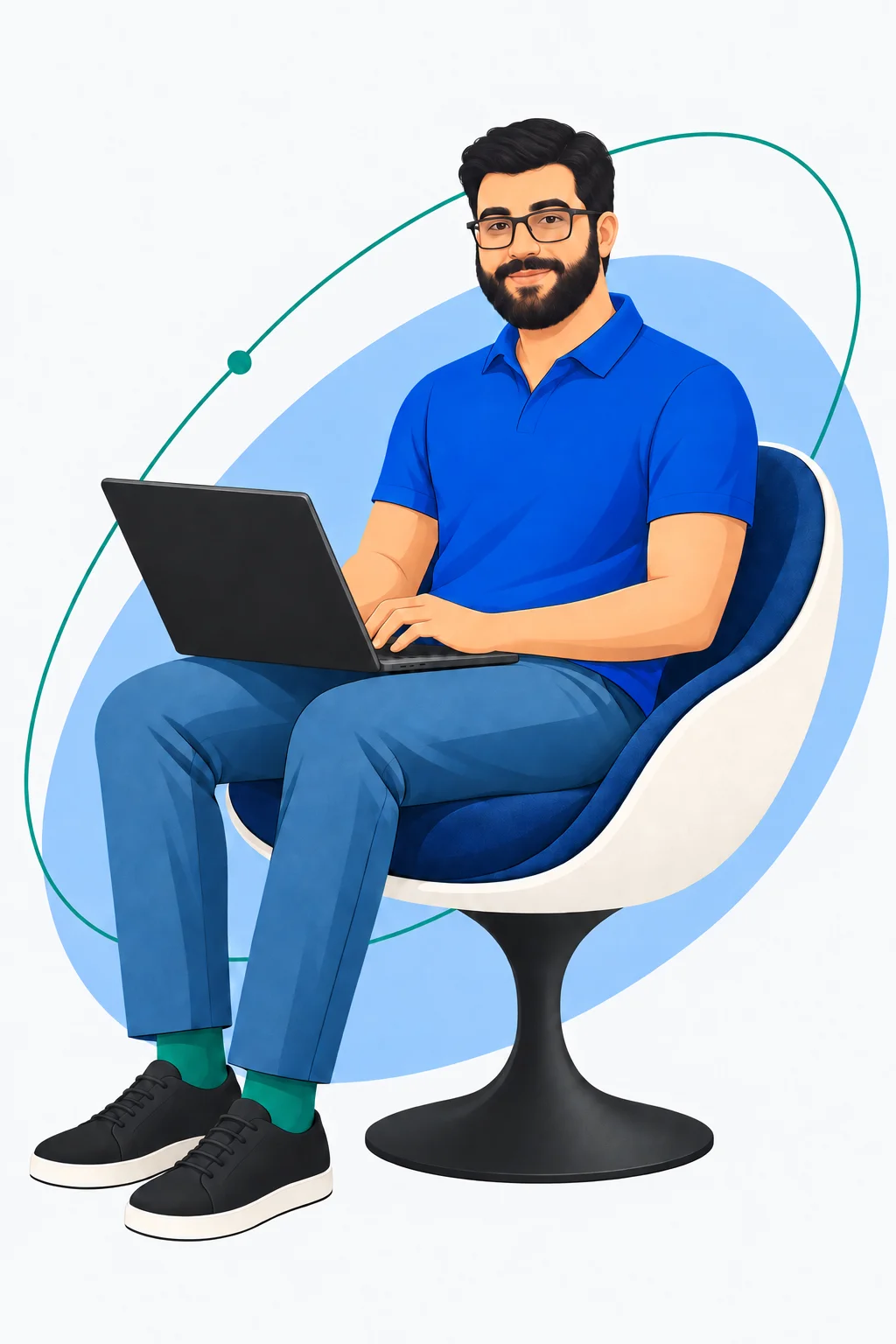 Illustration of Michael Zarour in a blue polo, working on a laptop in a sculptural chair